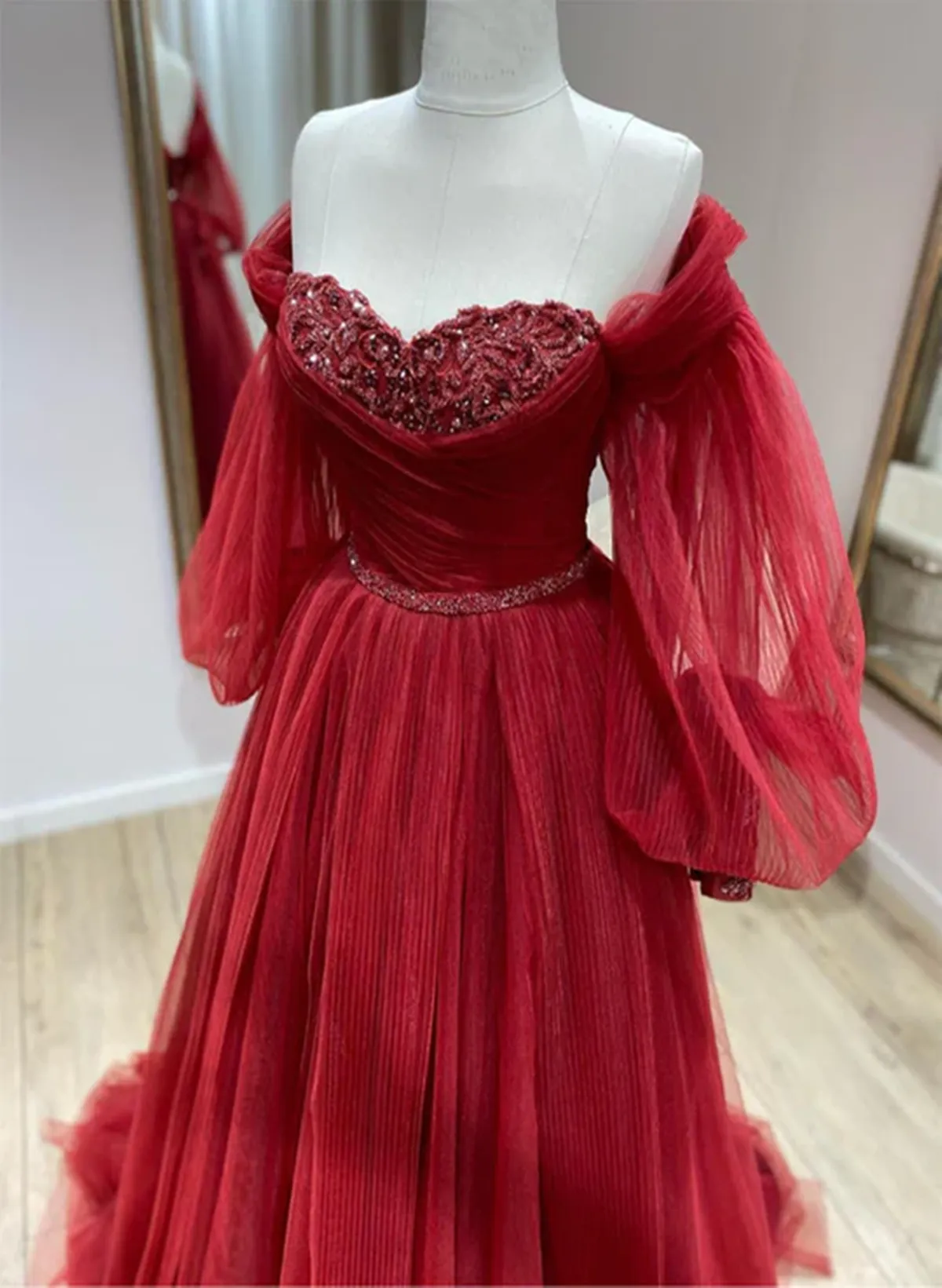 Uniwim Wine Red Tulle with Puffy Sleeves Long Party Dress, Wine Red Prom Dress